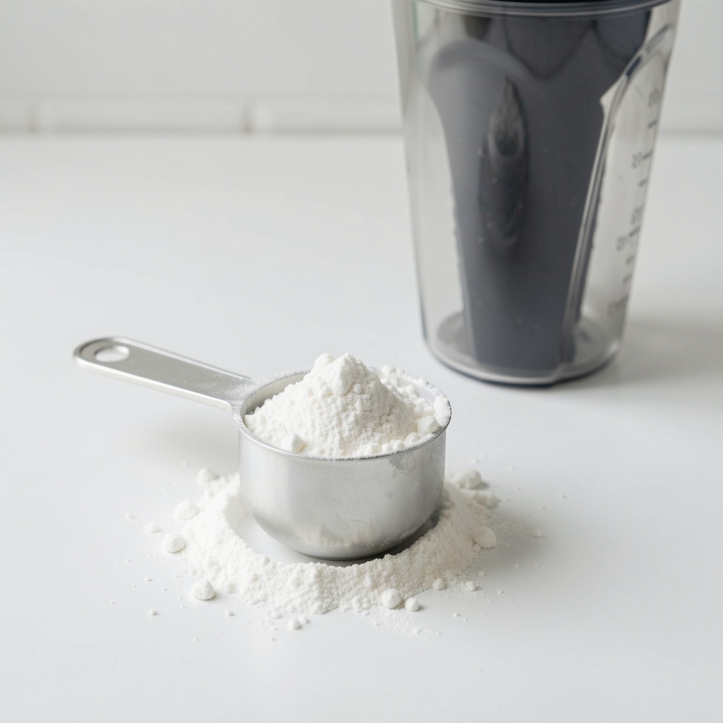 Creatine powder in a measuring scoop resting on a clean white surface, protein shaker in the background, editorial flat lay