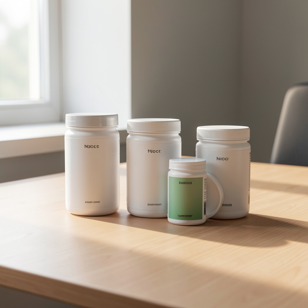 Supplement containers arranged on a clean wooden desk with morning light, minimal editorial composition