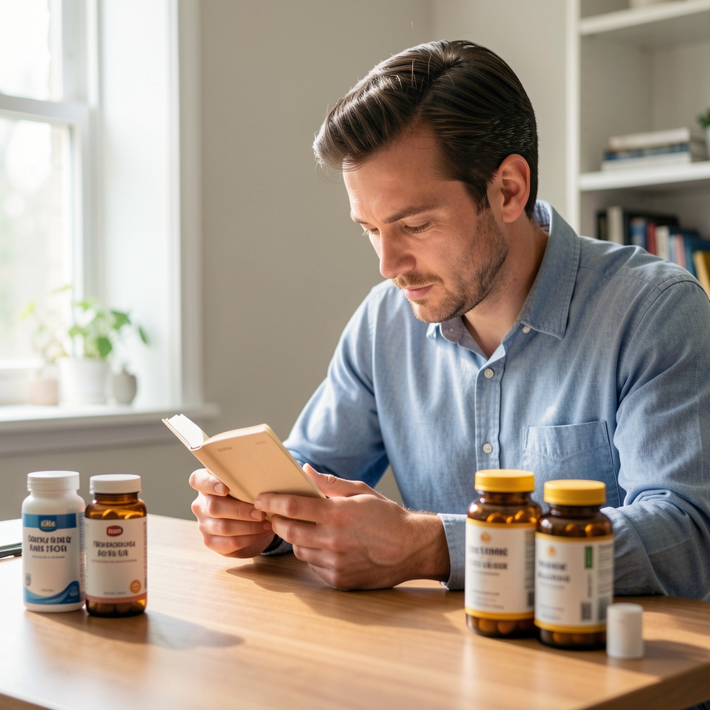 Man reviewing a small notebook at a morning desk with supplement containers nearby, soft natural daylight, editorial composition