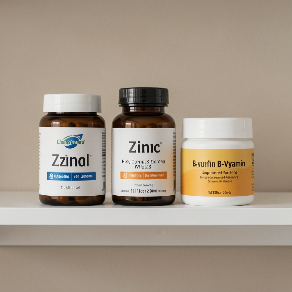 Zinc and B-vitamin supplement bottles on a clean shelf, editorial flat lay with neutral background